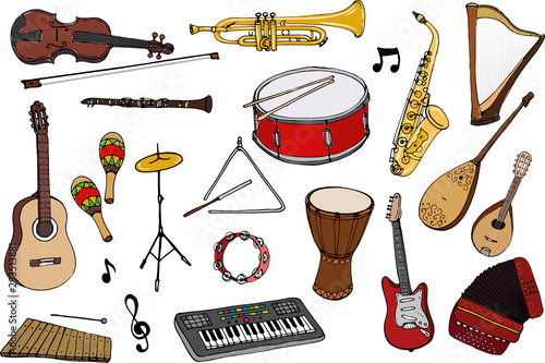 Vector set of musical instruments. Cartoon colored isolated objects on a white background. Multicolored hand drawn illustration.