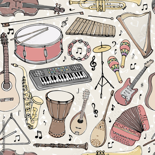 Vector seamless pattern with musical instruments. Multicolored hand drawn illustration in cartoon style.