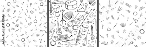 Vector seamless pattern of musical instruments. Linear hand drawn illustration in cartoon style.