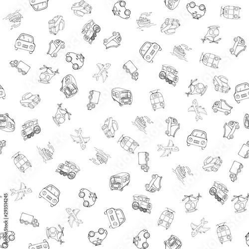 Vector seamless pattern with transports. Linear monochrome hand-drawn illustration in cartoon style.