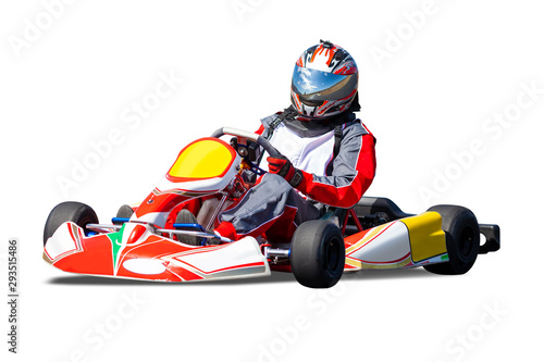 Isolated Go Kart Racer on White Background - Red and Yellow Car.