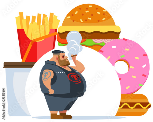 Fat biker smokes. Health care concept. Junk meal leads to obesity. Vector flat cartoon illustration.