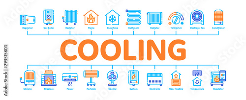 Heating And Cooling Minimal Infographic Web Banner Vector. Cool And Humidity, Airing, Ionisation And Heating Concept Linear Pictograms. Conditioning Related Contour Illustrations