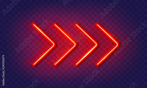 Neon arrow lamp wall sign isolated on transparent background. Vector red power glowing bulb banner, light line element.