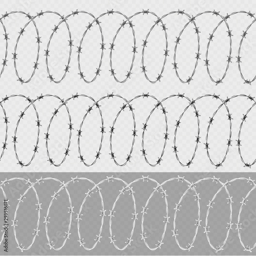Set of spiral shape barbed wire isolated on transparent background. Horizontal seamless pattern with twisted barbwire. EPS 10
