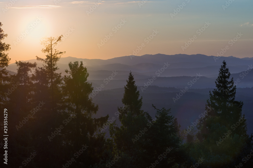 Aery view of Carpathian mountains at sundown in summer