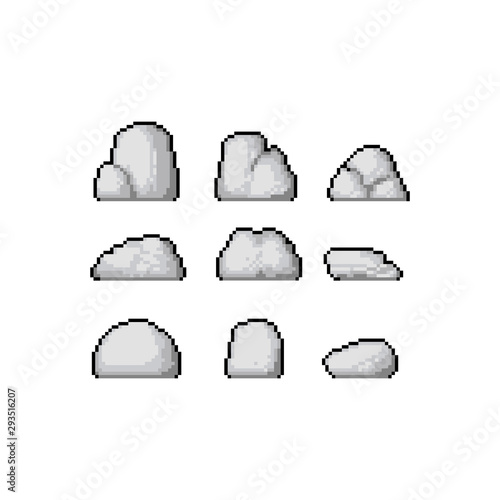 Pixel art cartoon rock set.