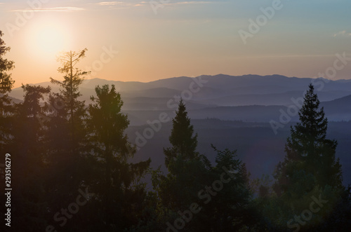 Aery view of Carpathian mountains at sundown in summer