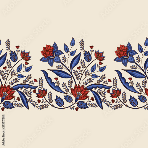 Indian floral paisley pattern vector seamless border. Oriental ethnic medallion motif. Vintage tropical flowers ornament print. India luxury design decoration.