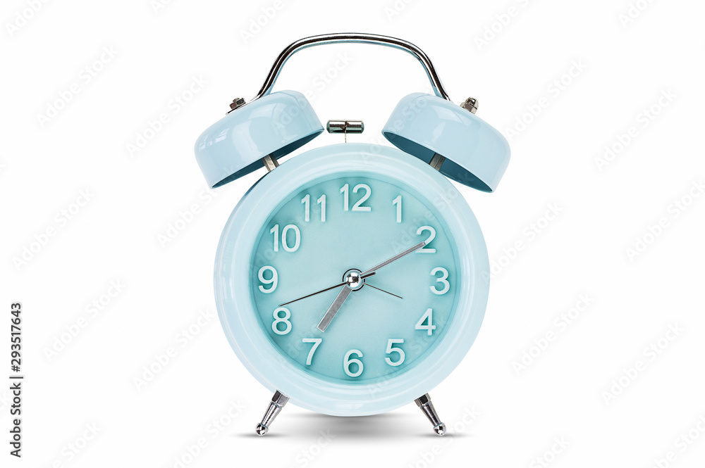 Blue classic alarm clock isolated on white background with clipping path Blue classic alarm clock isolated on white background with clipping path