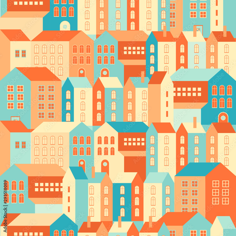 Seamless pattern urban landscape in a geometric minimal flat style. Urban background with Town houses and streets, roofs of building in vector. City seamless Seamless pattern urban landscape in a geometric minimal flat style. Urban background with Town houses and streets, roofs of building in vector. City seamless