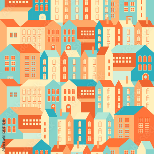 Seamless pattern urban landscape in a geometric minimal flat style. Urban background with Town houses and streets  roofs of building in vector. City seamless