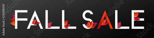 Fall sale lettering decorate with dry leaves in modern style for shopping sale or promo poster and marketing leaflet or social media banner. Vector illustration.