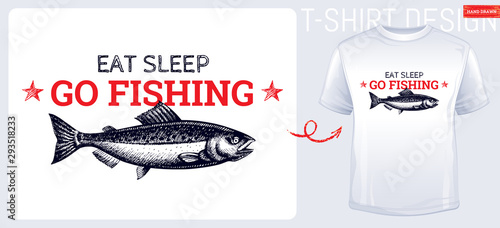 Salmon fish t-shirt print design in hand drawn sketch style. Vintage blaack ink line fish artwork. Trendy cool print for tee, boy, man apparel t shirt. Vector illustration isolated on white background