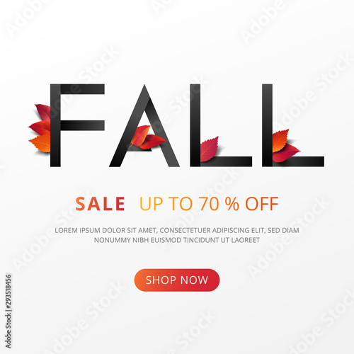 Fall sale lettering decorate with dry leaves in modern style for shopping sale or promo poster and marketing leaflet or social media banner. Vector illustration.