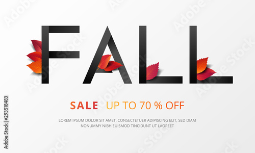 Fall sale lettering decorate with dry leaves in modern style for shopping sale or promo poster and marketing leaflet or social media banner. Vector illustration.