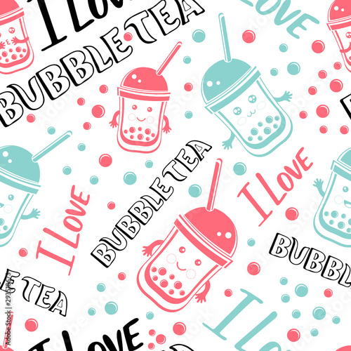 Seamless pattern black Tapioca pearls and lettering I love Bubble tea. Cartoon vector illustration of ute kawaii ball tapioca or boba. Boba tea, milk tea, Taiwanese drink. Hand drawn Doodle.