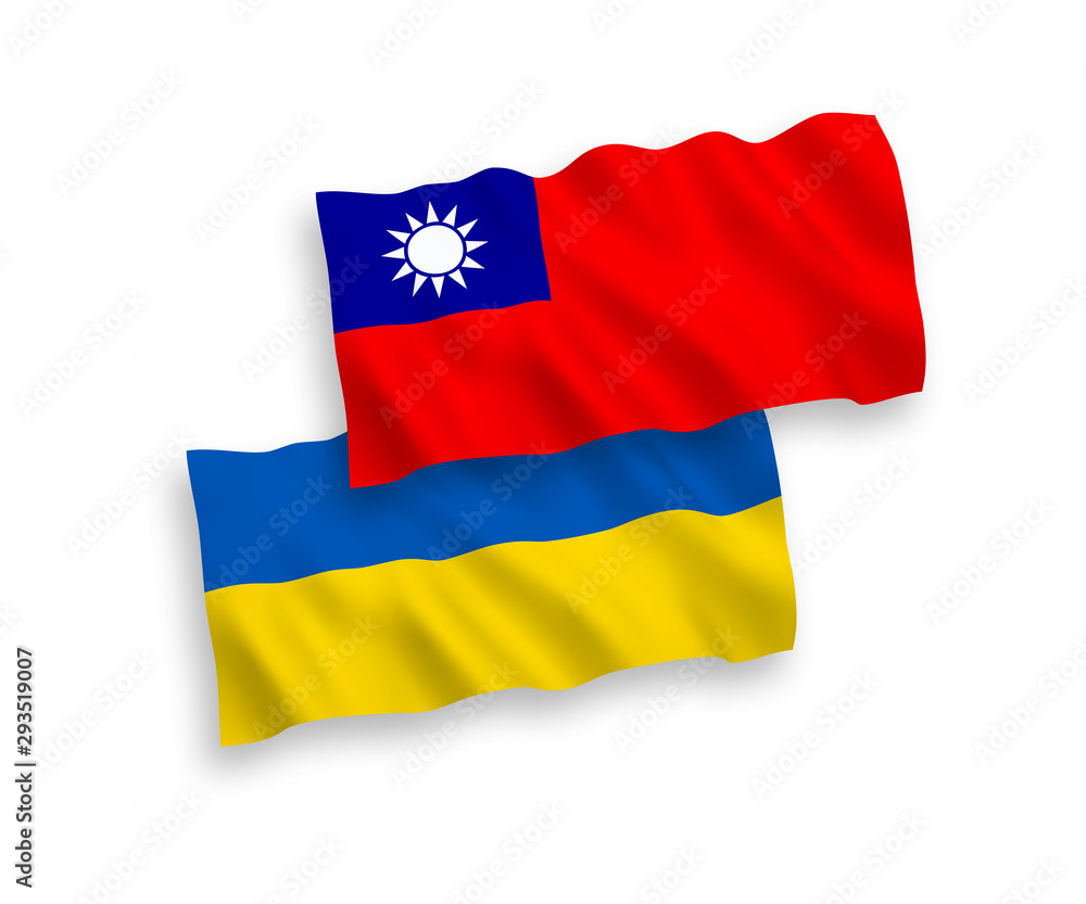 Fototapeta premium National vector fabric wave flags of Taiwan and Ukraine isolated on white background. 1 to 2 proportion.