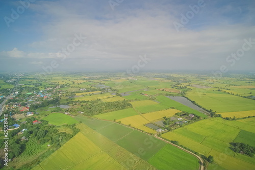 Aerial view morning above green rice paddy fields plantation in rainy season around with soft fog with cloudy sky background, Lam Phayom village in Ban Pong, Ratchaburi, west Thailand.