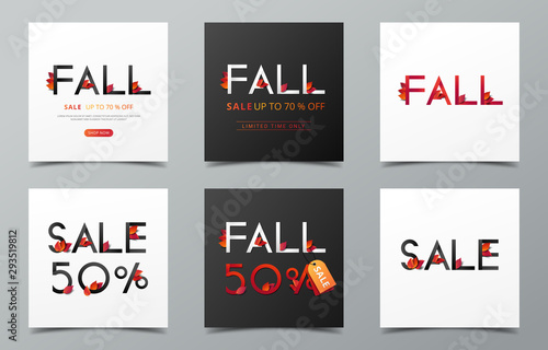 Set of Fall sale calligraphy decorate with falling leaves in modern style for shopping sale or promo poster and marketing leaflet or social media banner. Vector illustration.