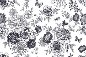 Papier peint photo Noir et blanc patrons Fleurs et insectes vintage noir blanc  © marinavorona