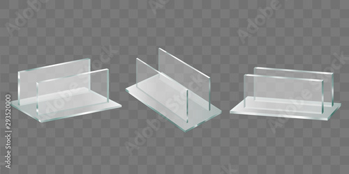 Acrylic glass table talker, plastic holder for advertising brochures, promotional banners and leaflets. Restaurant menu, shop price tag stand 3d realistic vector set isolated on transparent background