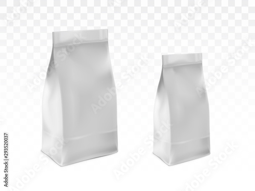 Sealed plastic, paper bag template set. Blank white, foil packet for tea, coffee or flour pack 3d realistic vector illustration isolated on transparent background. Pet food, detergent packaging mockup
