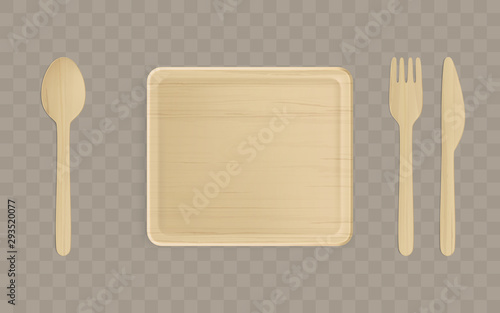 Disposable wooden plate, fork, spoon and knife top view, single-use tablewear isolated on transparent background, table setting, square dish of natural eco material. Realistic 3d vector illustration