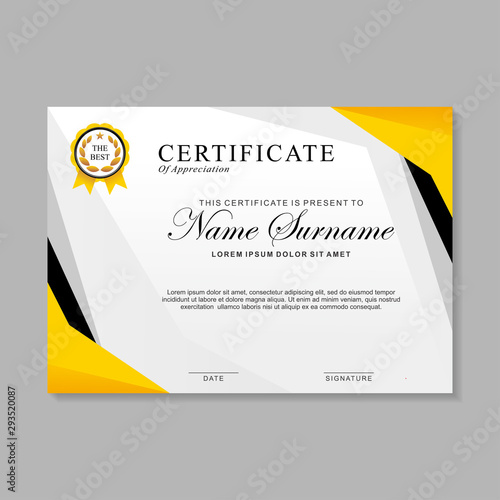 Modern certificate template design with yellow, black and white color