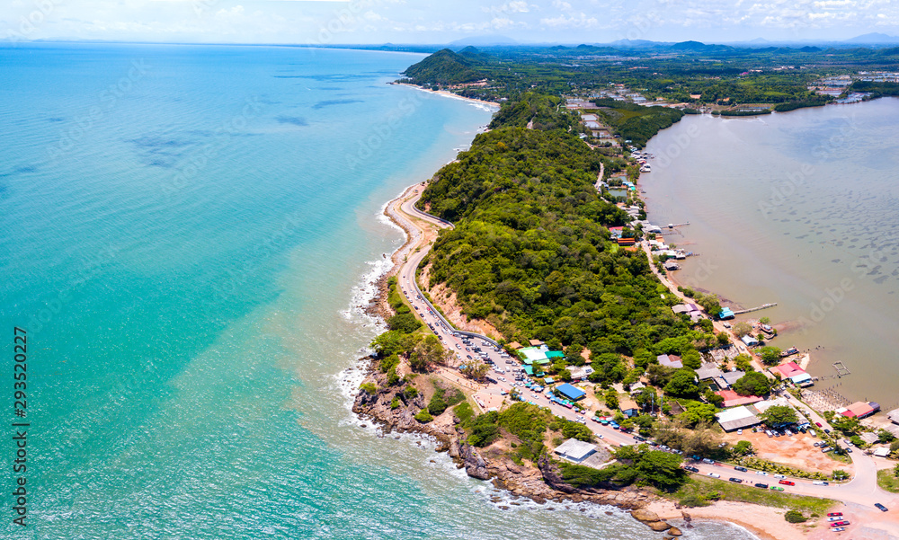 Top view landscape of Beautiful tropical sea in summer season image by Aerial view drone shot, high angle view,Kung Wiman Beach,Chanthaburi province,Thailand.
