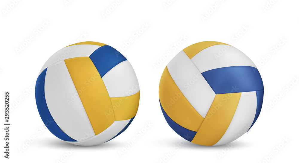 Volleyball balls set isolated on white background, sports accessory, equipment for playing game, championship or beach tournament competition, design element Realistic 3d vector illustration, clip art