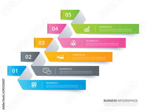 Infographics tab in horizontal paper index with 5 data template. Vector illustration abstract background. Can be used for workflow layout, business step, banner, web design.