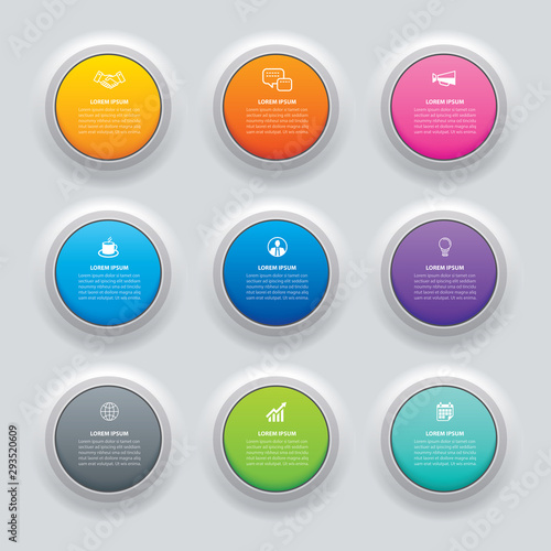Infographics circle button with 9 data template. Vector illustration abstract background. Can be used for workflow layout, business step, banner, web design.