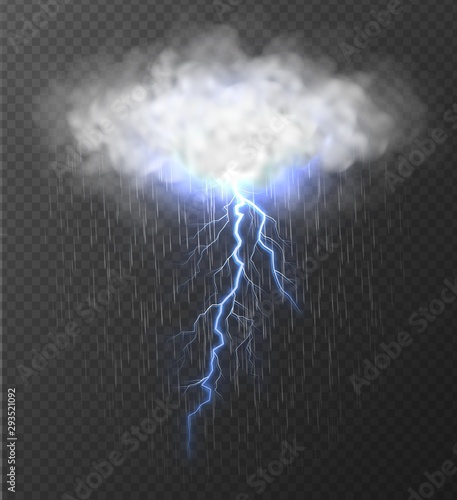 Cloud with blue thunderbolt and rain isolated on transparent background. Realistic thunderstorm and lightning strike vector illustration.