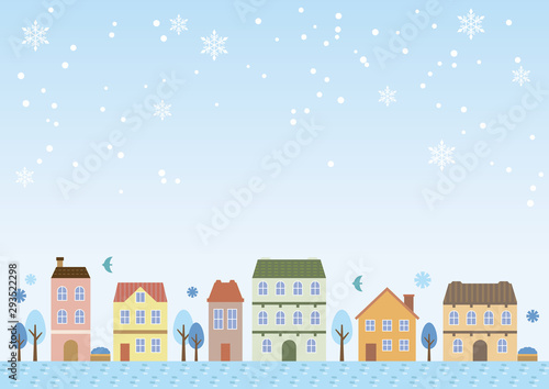 冬の空と町並みの背景イラスト 横