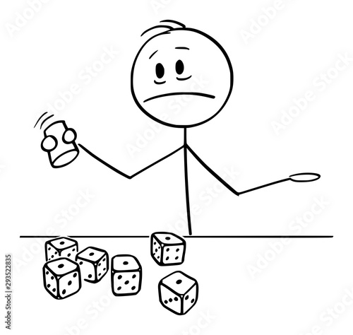 Vector cartoon stick figure drawing conceptual illustration of unhappy and unsuccessful man or player or businessman rolling dices in casino with all dices showing one dot. Concept of failure or bad