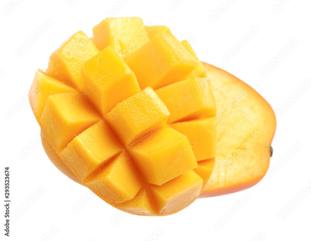 Mango slice cut to cubes close-up isolated on white background Mango slice cut to cubes close-up isolated on white background