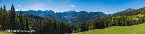 Sunny summer landscape with Solcava panoramic road, Logarska Dolina, Logar valley in Slovenia.