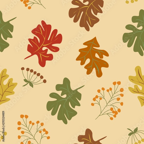Fall acorn leaves and berries  stylized foliage vector seamless pattern. Colorful elements on beige background. 