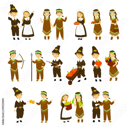 set of Thanksgiving cartoon characters. Thanksgiving pilgrims and natives couple character cartoon vector