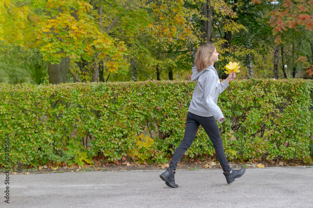 Fototapeta premium Young beautiful woman is playing with autumn leaves in the park
