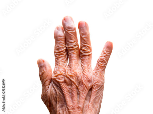 One hand of an elderly woman isolated on white background. Senior lady wrinkled hand.