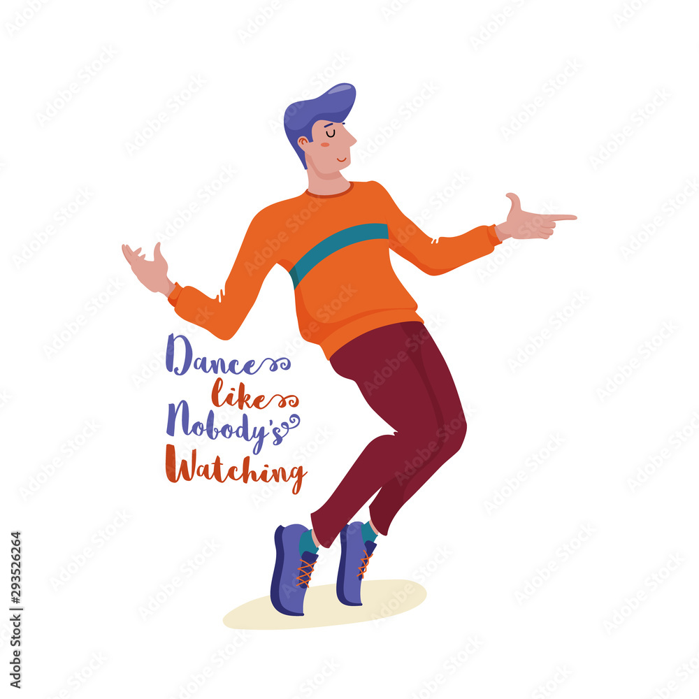 Funky young man in sweater and sneakers dancing happily with closed eyes and dance like nobody is watching text, flat style vector illustration isolated on white background