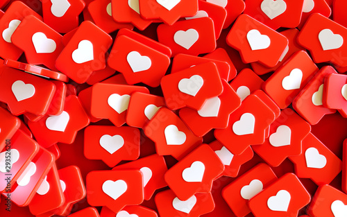 3D Social Media Network Love and Like Heart Icon Rendering Background in red.