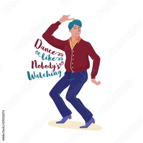 Funky young man in cardigan, pants and shoes dancing happily with closed eye and dance like nobody is watching text, flat style vector illustration isolated on white background