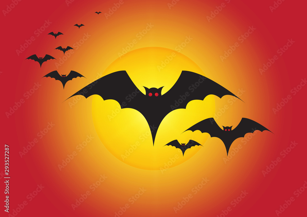 Silhouette of flying bloody bats and full moon, halloween background vector illustration