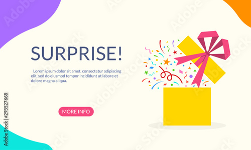Gift box with confetti, ribbon and bow. Surprise banner for web, mobile site, infographic, landing page, party invitation, greeting card. Present package for Birthday celebration or Christmas. Vector.
