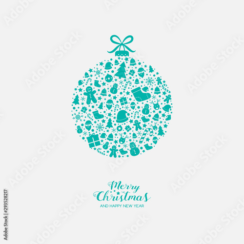 Christmas ball with festive icons and wishes. Vector