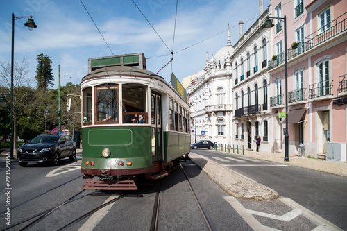 Vintage green tram at Bairro Alto neighborhood, Lisbon, 