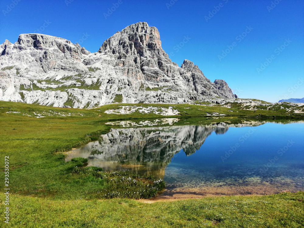 Beautiful italian lake in the mountains, dolomites landscape